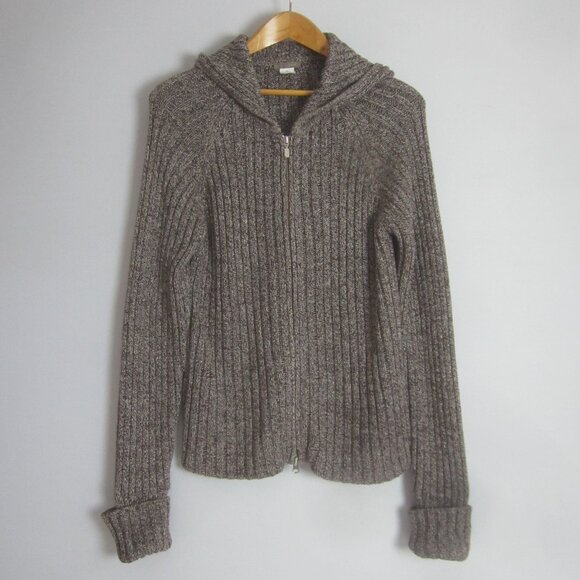 J Crew Womens XL Brown White Marled Cotton 2 Way Zip LS Hooded Cardigan Sweater - Picture 1 of 9